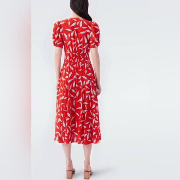 Diane Von Furstenberg Cordelia Vibrant Red Midi Dress with White Pattern - Picture 2 of 9